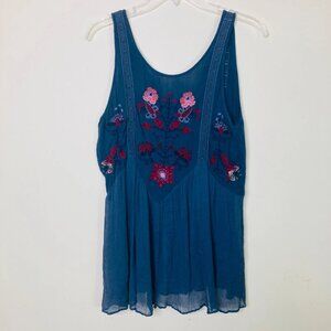 Free People Tank Top Medium Blue Floral Embroidered Boho Hippie Sheer FLAWS